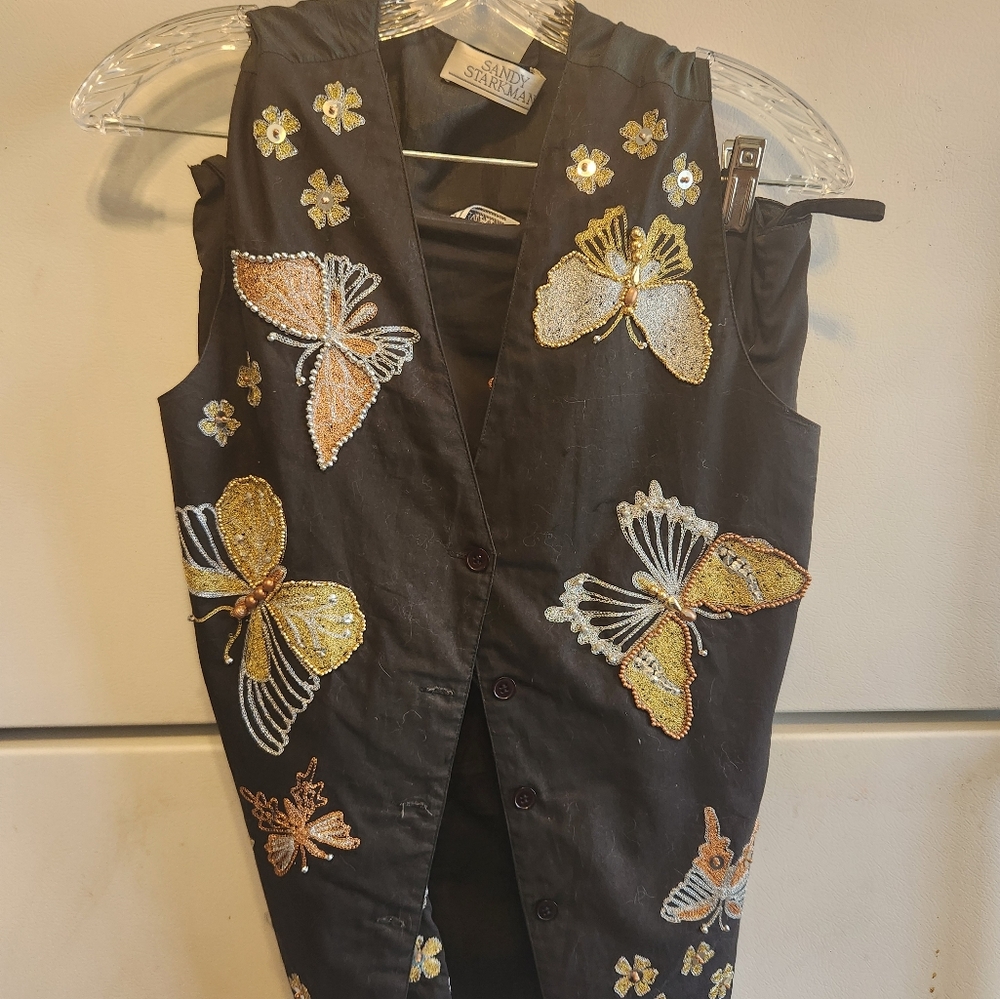Sandy Staryman Embroidered Black Mini Skirt And Vest with Butterfly Design
